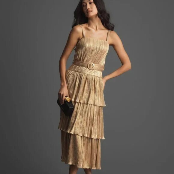 MAC DUGGAL IEENA Dress Womens 8 Gold Pleated Tiered Metallic Belted Formal 27062 - Picture 1 of 15